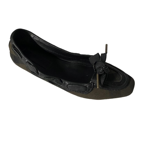 BURBERRY Oriel Bow Front House Check Black Olive Canvas Leather Ballet F… - Picture 1 of 13